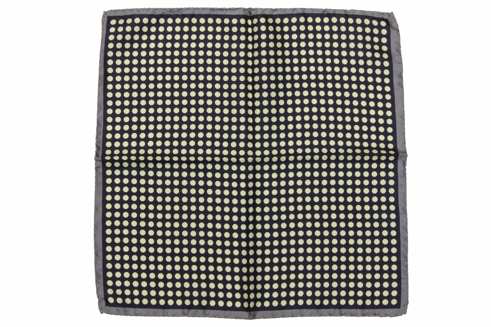 pure silk Battisti Pocket Square SALE Grey with cream dot on navy