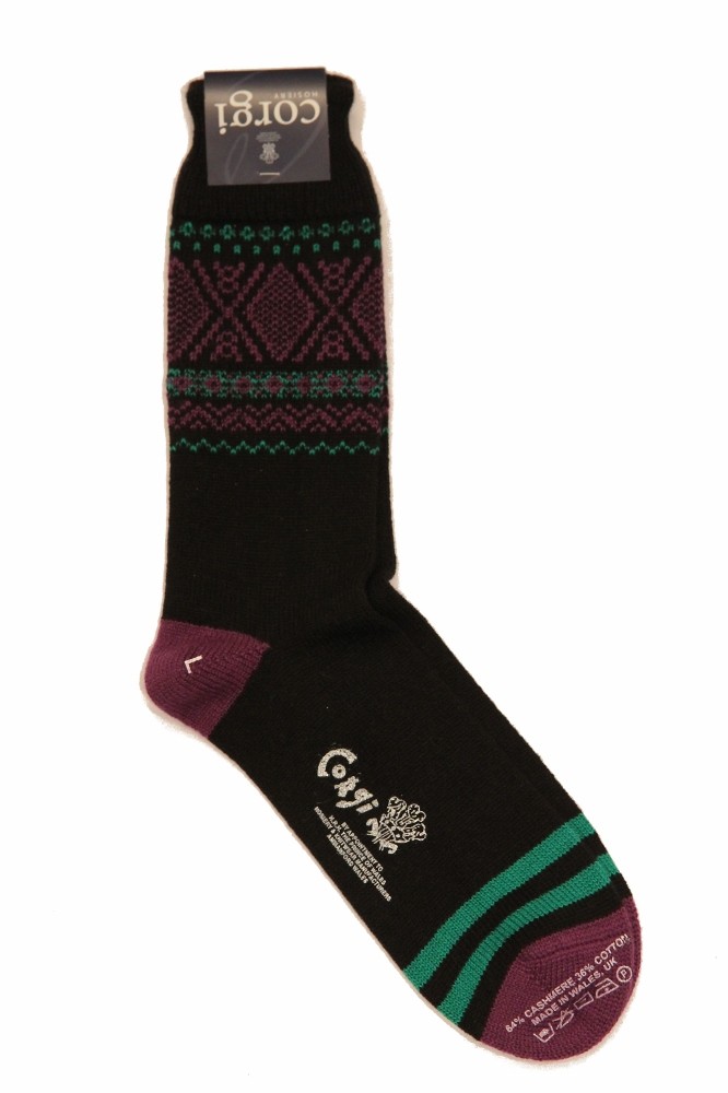 Corgi Cashmere Cotton Blend: Navy, Purple and Green Fairisle Large