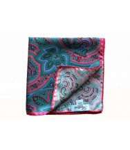 pure silk Battisti Pocket Square Turquoise with brown/navy geometric pattern 